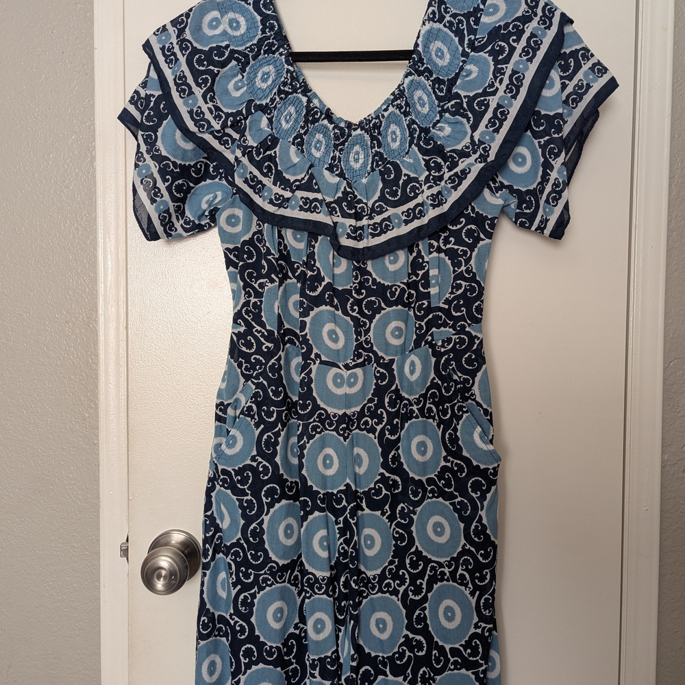 Off-Shoulder Blue Patterned Jumpsuit - image 6